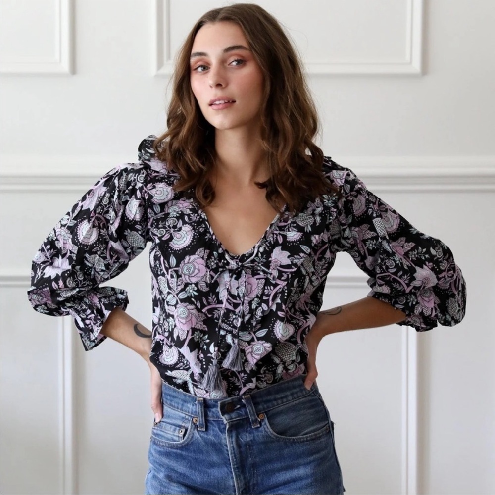 Anthropologie Mille May Top Tropical Floral Blouse Ruffle Black Purple Shirt S